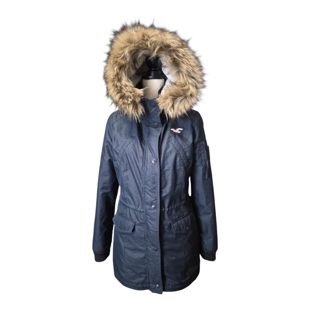 Y2K Hollister Faux Fur Hood Parka‎ Coat Navy 2000s Mall Girl Winter Jacket
